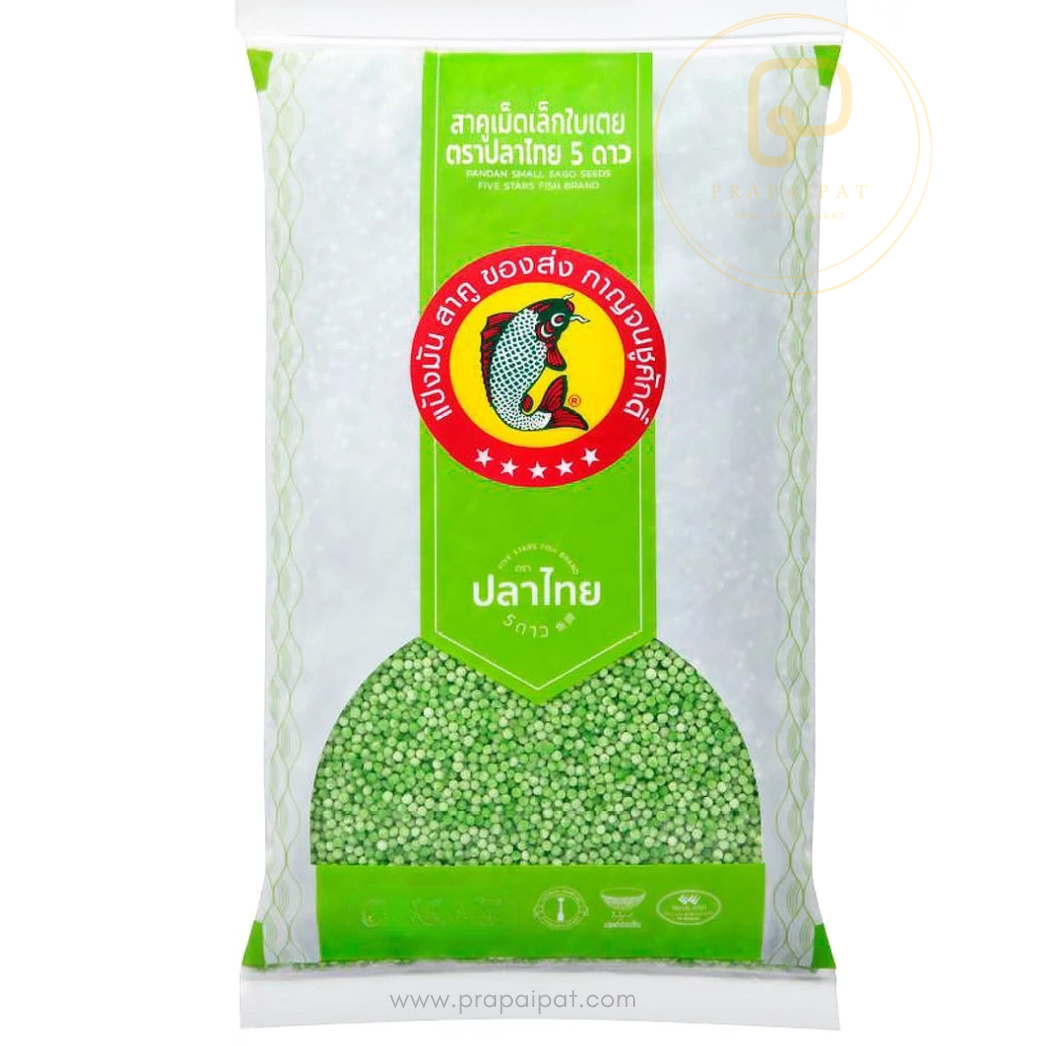 Five Stars Fish Brand Kleine Tapioka Pandan-Sago-Perlen 400 g - Qualitätsprodukt aus Thailandสาคู เม็ดเล็ก ใบเตย ตราปลาไทย 5 ดาว 400 Gram สาคูใบเตย