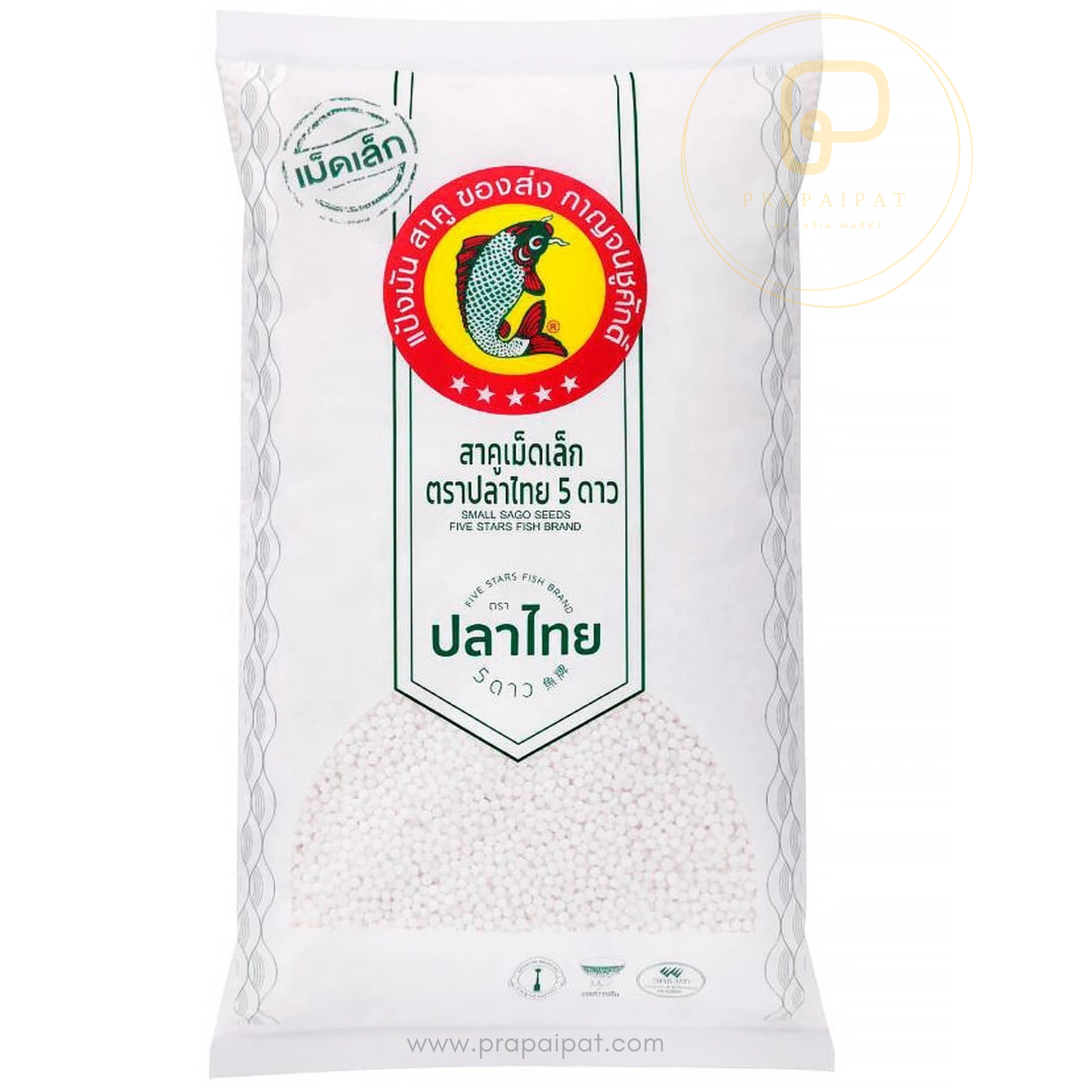 Five Stars Fish Brand Kleine Tapioka Sago Perlen 400 g - Qualitätsprodukt aus Thailand สาคู เม็ดเล็ก ตรา ปลาไืทย 5 ดาว 400 Gram