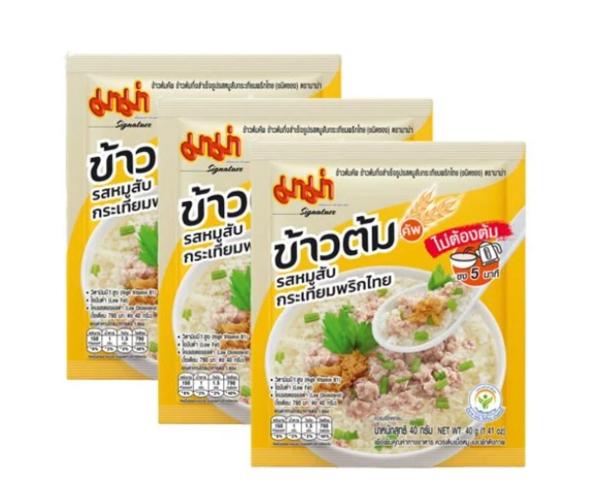 MAMA CUP PRE-COOKED RICE Pork FLAVOUR (35gx3P) ข้าวต้มหมู กระเทียมพริกไทย