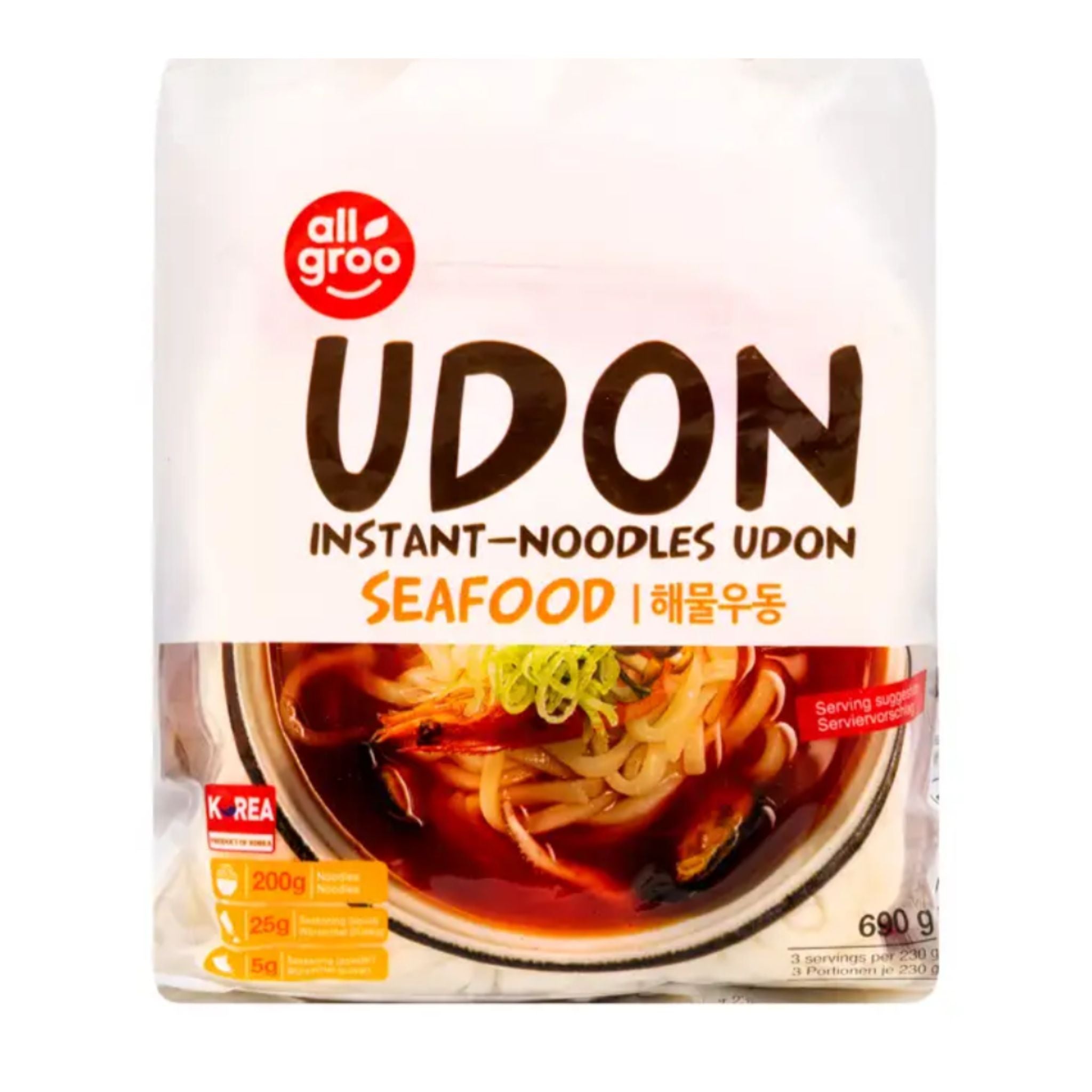 ALLGROO Udon Nudeln mit Meeresfrüchte Geschmack (3 Portionen-230g) 690 g