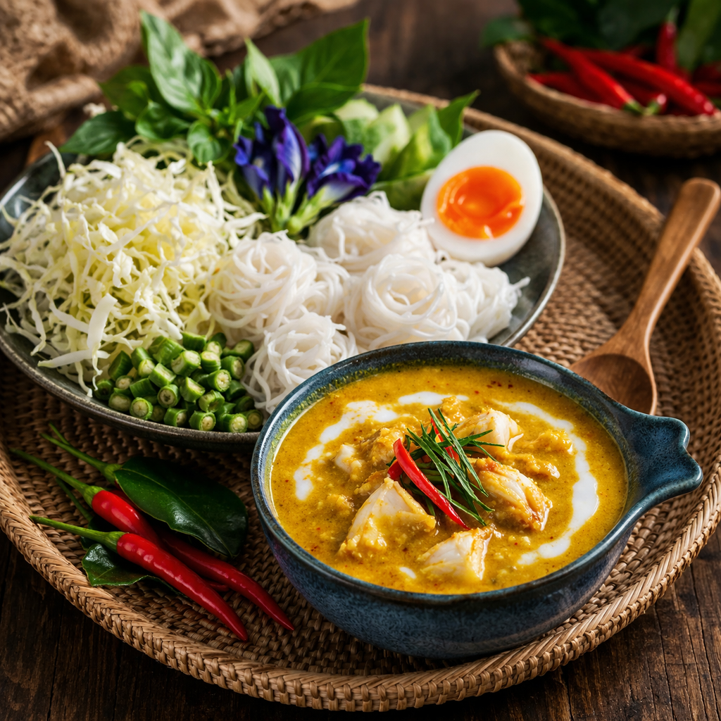 Khanom Jeen Nam Ya – Reisnudeln mit südthailändischem Fisch-Curry