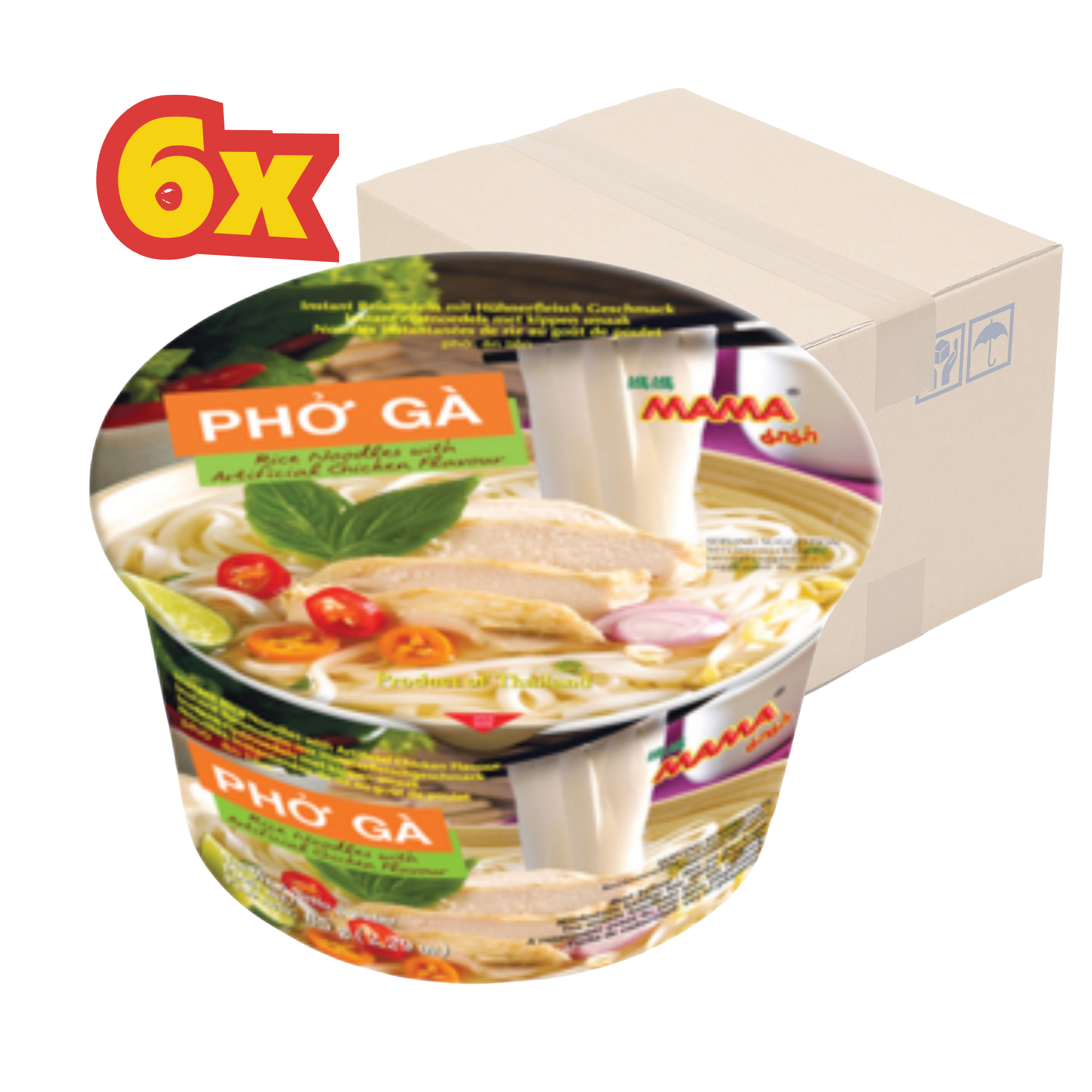 6x MAMA Thailand Instant-Bowl-Reisnudeln, Pho Ga, Huhn vietnamesisch 65 g เฝอ รสไก่