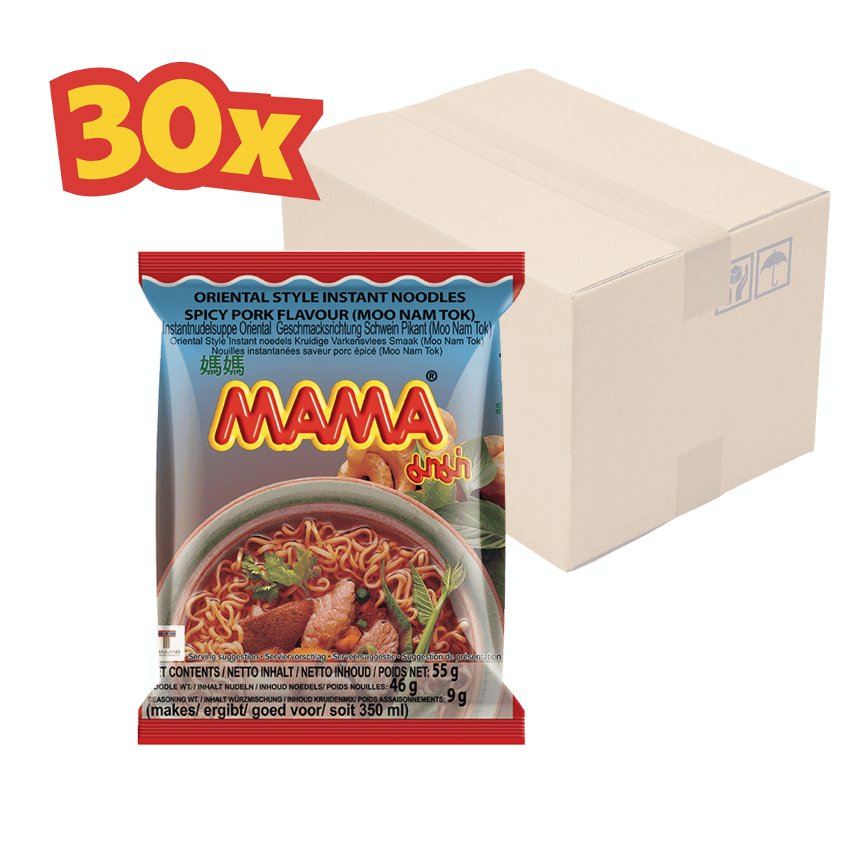 30X MAMA Instantnudeln, Moo Nam Tok 55 g มาม่า หมูน้ำตก ก๋วยเตี๋ยวเรือ Thai Boat noodle