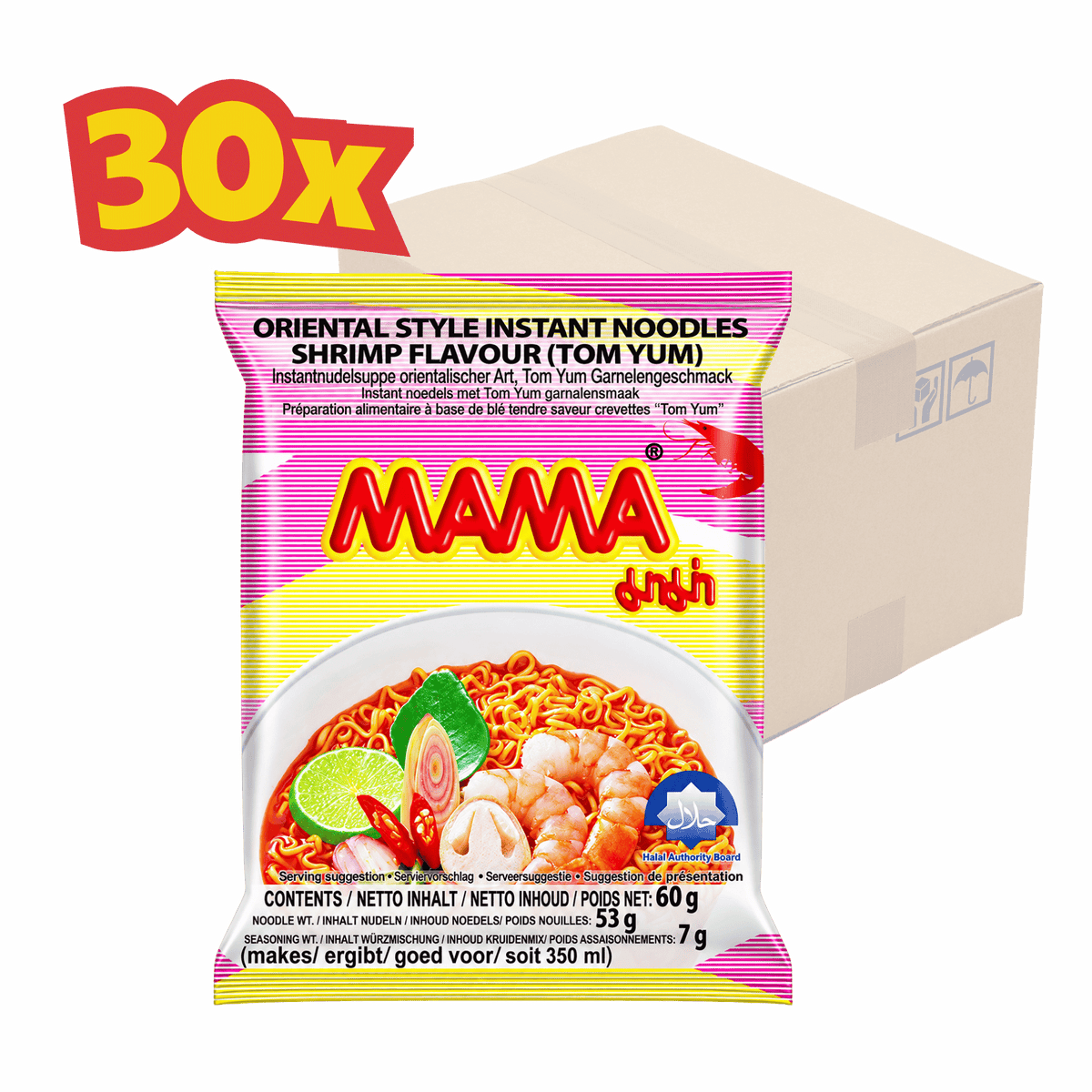 30X MAMA Instantnudeln, Shrimps Tom Yum 60 g มาม่าต้มยำกุ้งน้ำใส