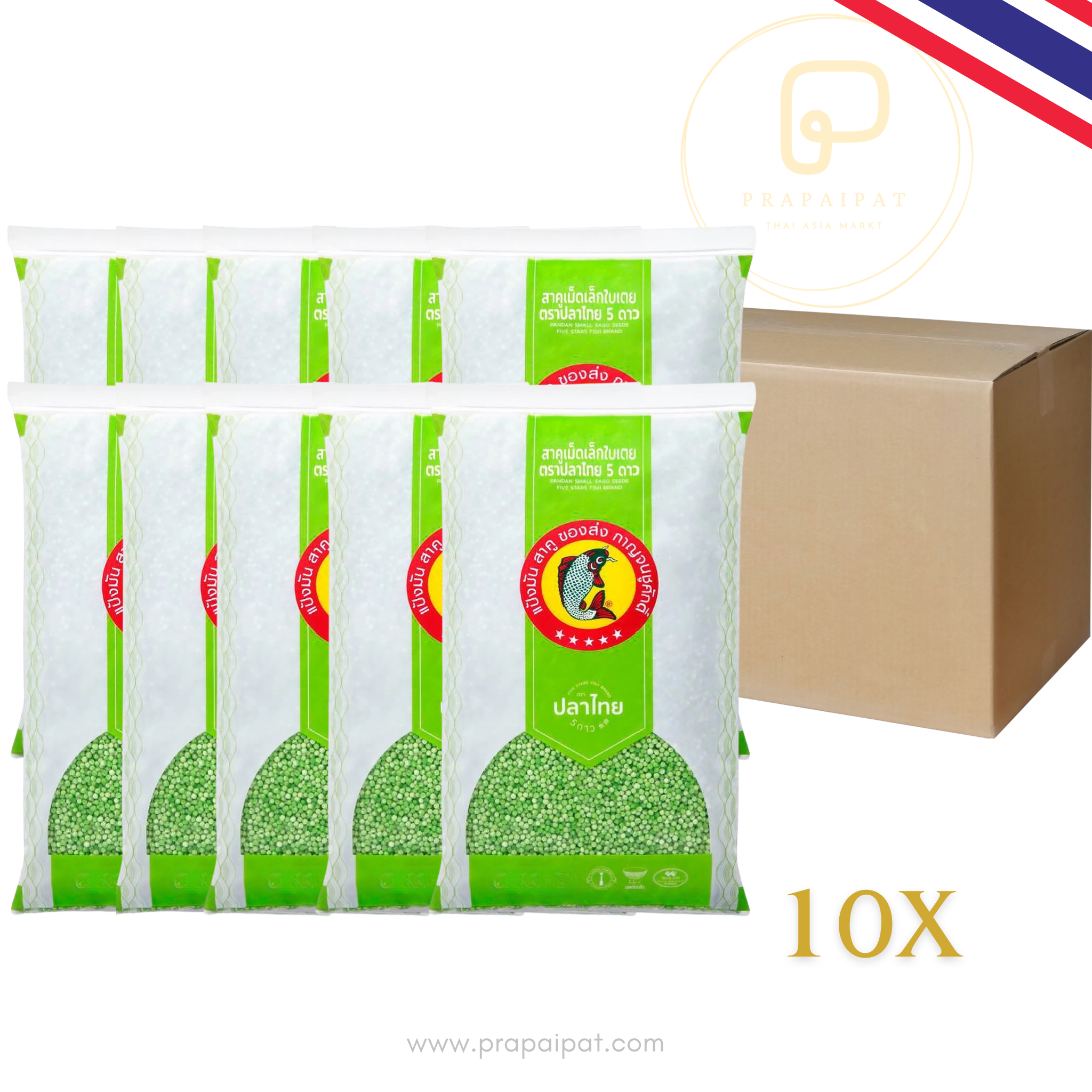 Bulk Sale Tapioka Pandan Sago Perlen 400 g - Qualitätsprodukt aus Thailandสาคู เม็ดเล็ก ใบเตย ตราปลาไทย 5 ดาว 400 Gram